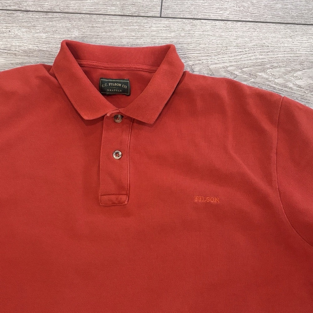 Filson Mens Red Pique‎ Cotton Short Sleeve Polo Shirt Size Large Logo Outdoor